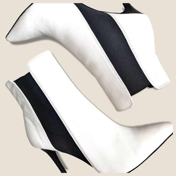 Tony Bianco Black White Leather Stiletto Heeled Casual/Formal Chic Ankle Booties - Picture 13 of 16